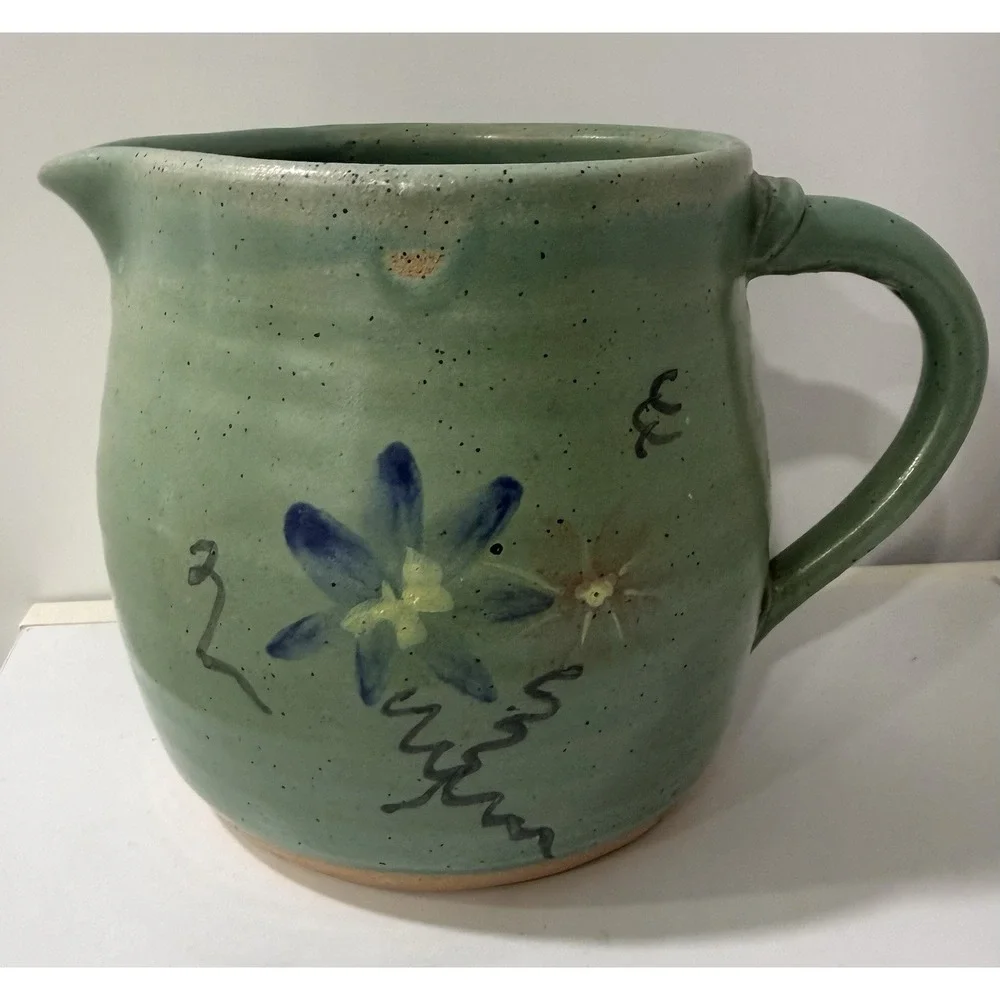 Vintage Signed Art Pottery Pitcher Stoneware Farmhouse Hand Painted Floral